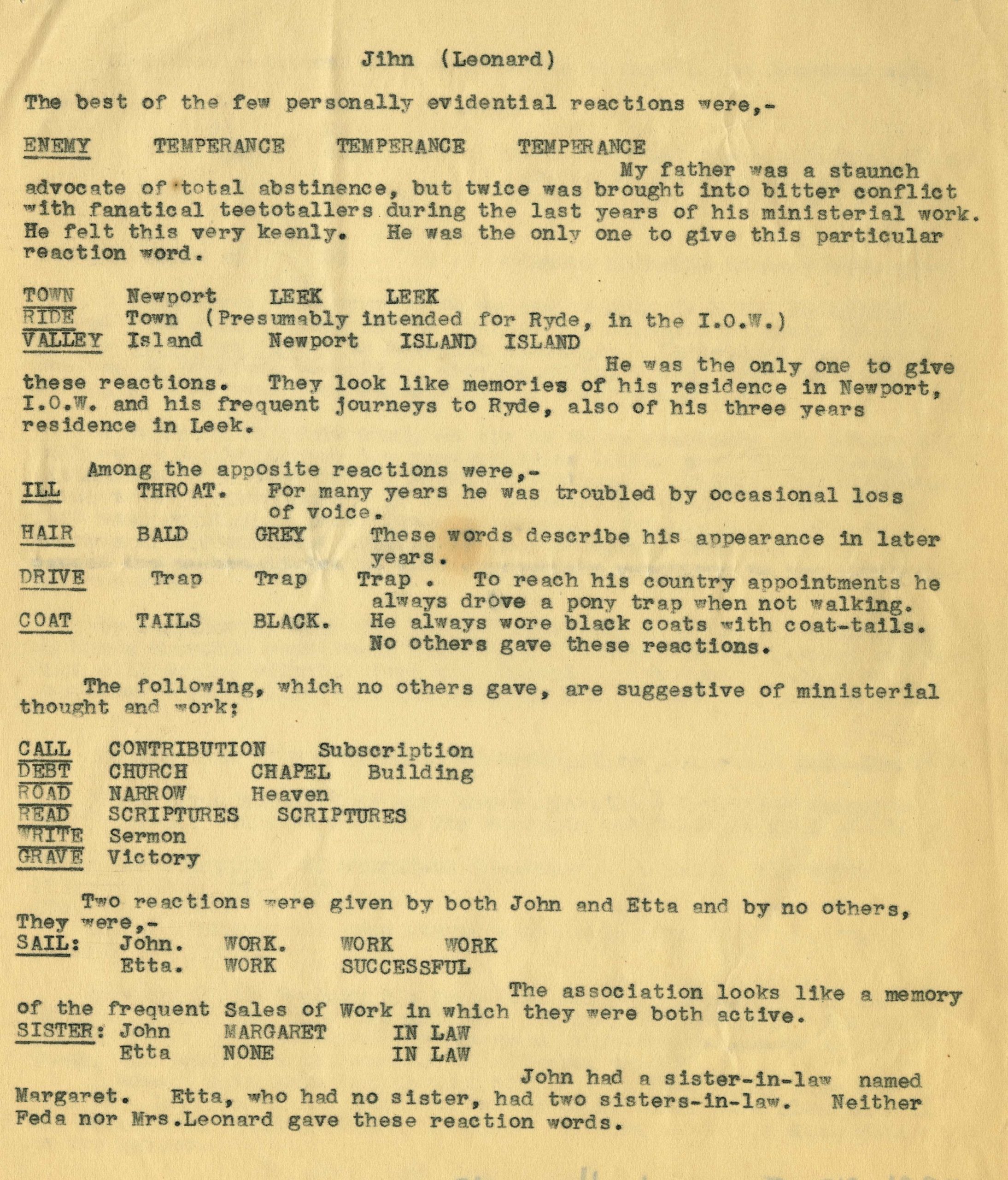 Notes from the 1935 Sharplin experiment by C.D. Thomas 
This experiment compared mediums and their controls
The notes describe how the study participants reacted to certain stimulus words, listing what words they responded with 