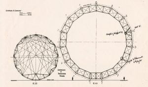 A diagram of two circles representing two airships, the R33 and the R101. Text in the top left reads: "Comparison of Diameters -- R.101...132 Feet. R.33... 78 Feet." There are two small figures representing humans on either side of the R101. Between the two airships is text that reads: "Comparison of Transverse Frames." The vertices on both sides of the R101 are each labeled with a letter from A to F.