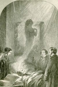 Engraving of the soul leaving the body of a dying woman with three mourners standing grimly at her bedside