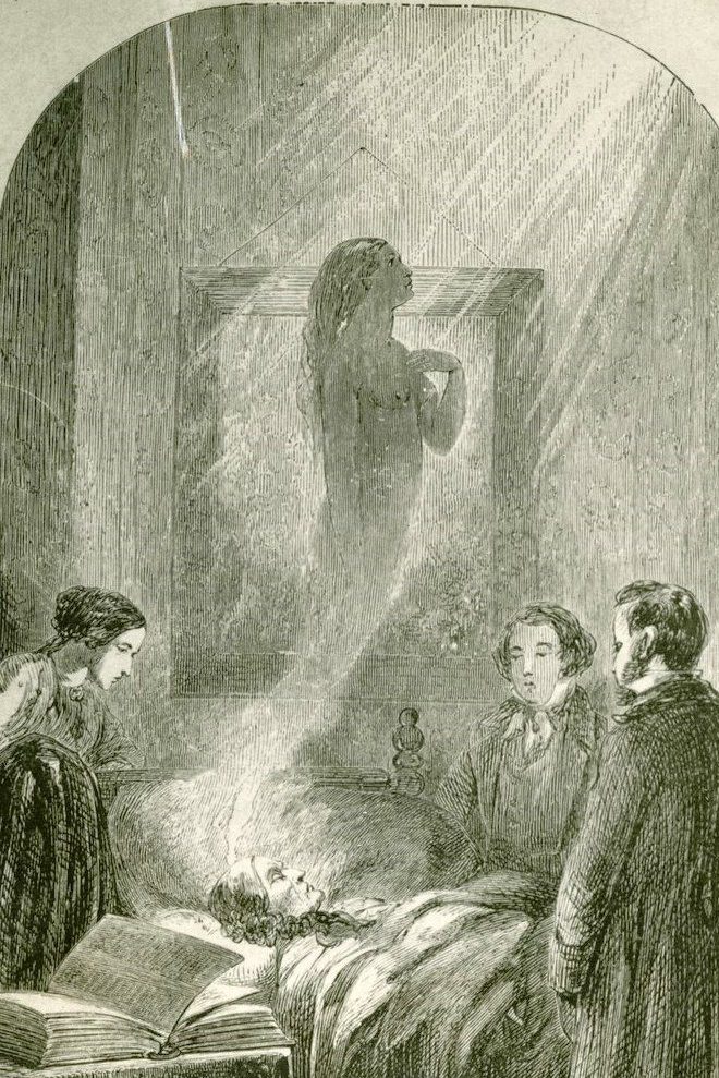 engraving of the soul leaving the body of a dying woman with three mourners standing at her bedside