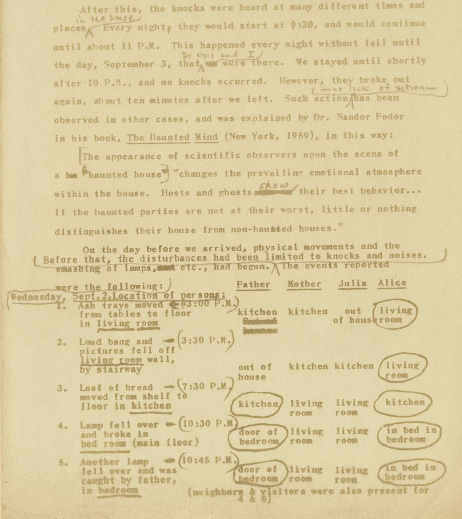 Typewritten manuscript, page 7, "The House of Knocks and Bumps" by Daniel Lehmann 
A list of poltergeist activity which occurred the day before the investigators arrived is recorded. The activity stopped while the investigators were present. 