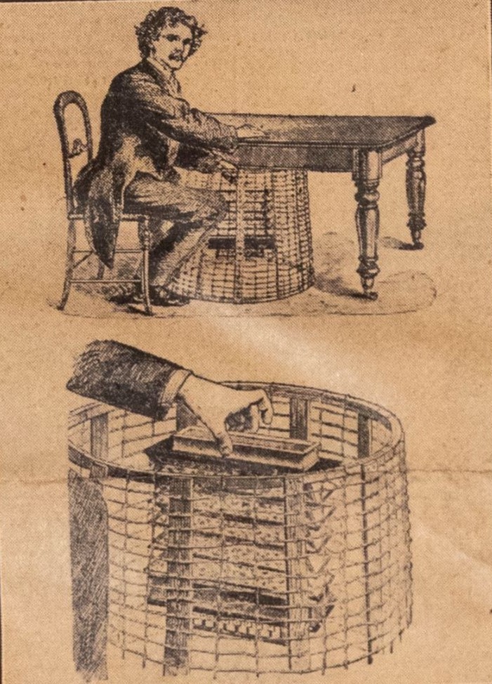 Illustration of a test that Sir William Crookes conducted on medium D.D. Home. An accordion was placed in an electrically charged copper wire cage to test if Home's abilities were legitimate. The accordion floated in the cage and played by itself. 