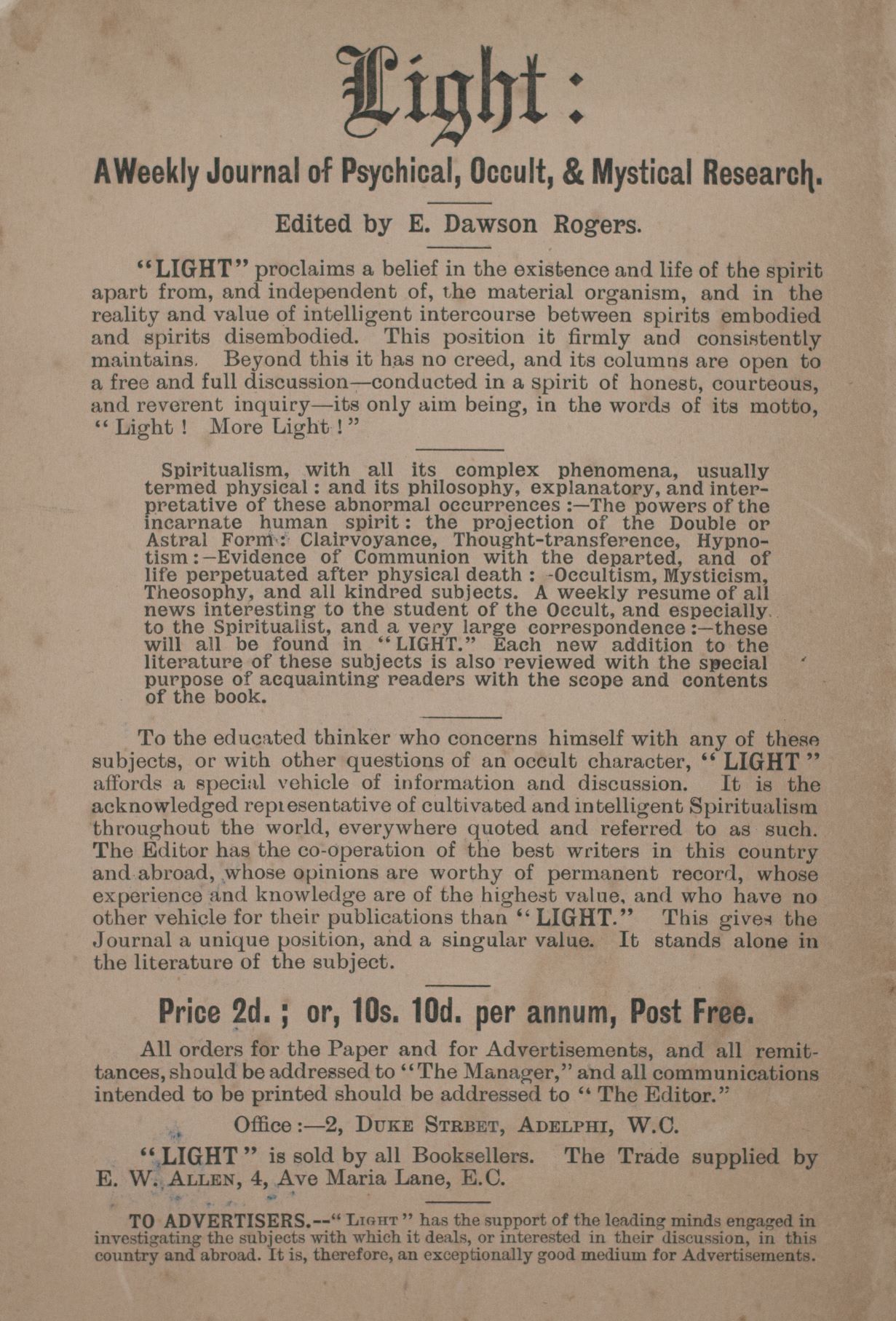 1894 Advertisement for Light: A Weeky Journal of Psychical, Occult, and Mystical Research. Edited by E. Dawson Rogers