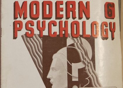 Print of Modern Psychology in bold serif with an abstract profile of a person.