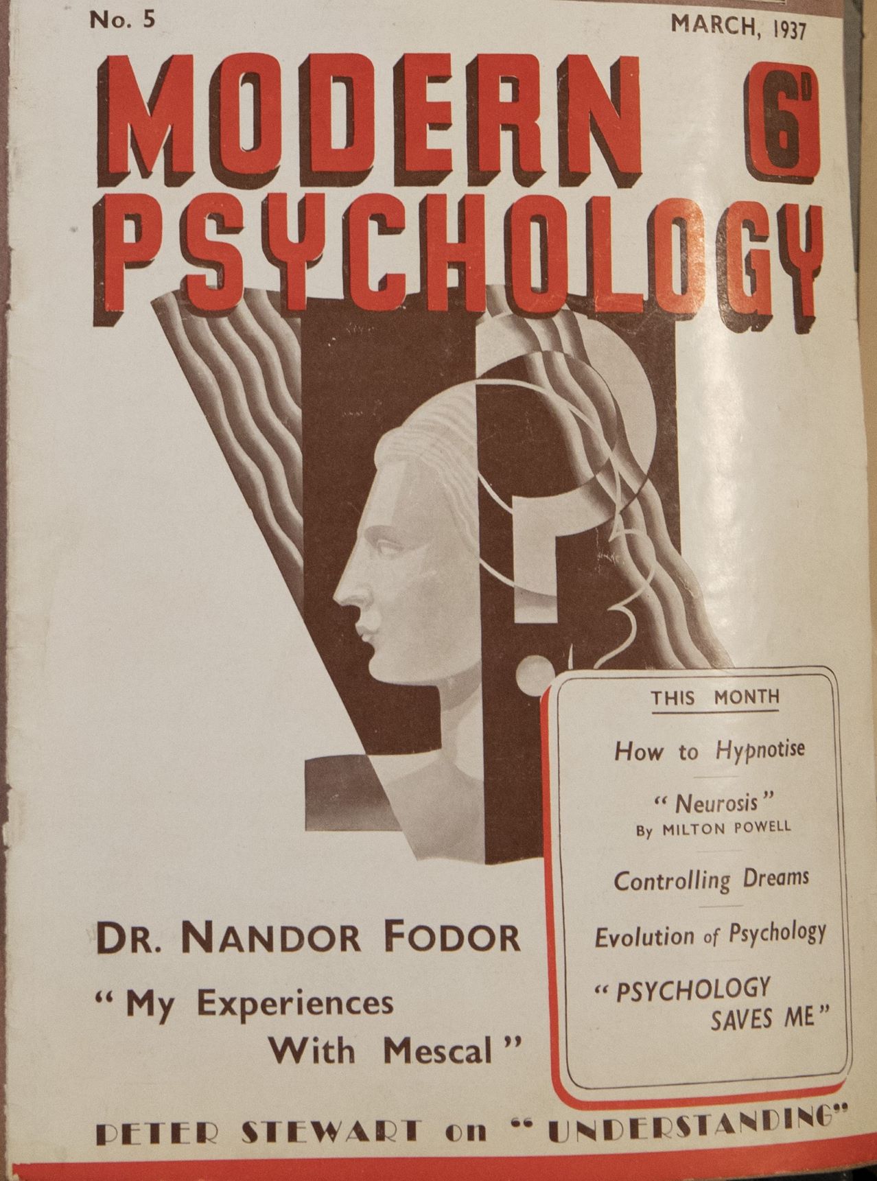 Modern Psychology 6', No. 5, March 1937. Dr. Nandor Fodor, "My Experiences With Mescal" 
Peter Steward on "Understanding" 
This Month: How to Hypnotise, "Neurosis" by Milton Powell, Controlling Dreams, Evolution of Psychology, "Psychology Saves Me"
The center of the cover contains a stylized black and white profile, with a large question mark over the head.  