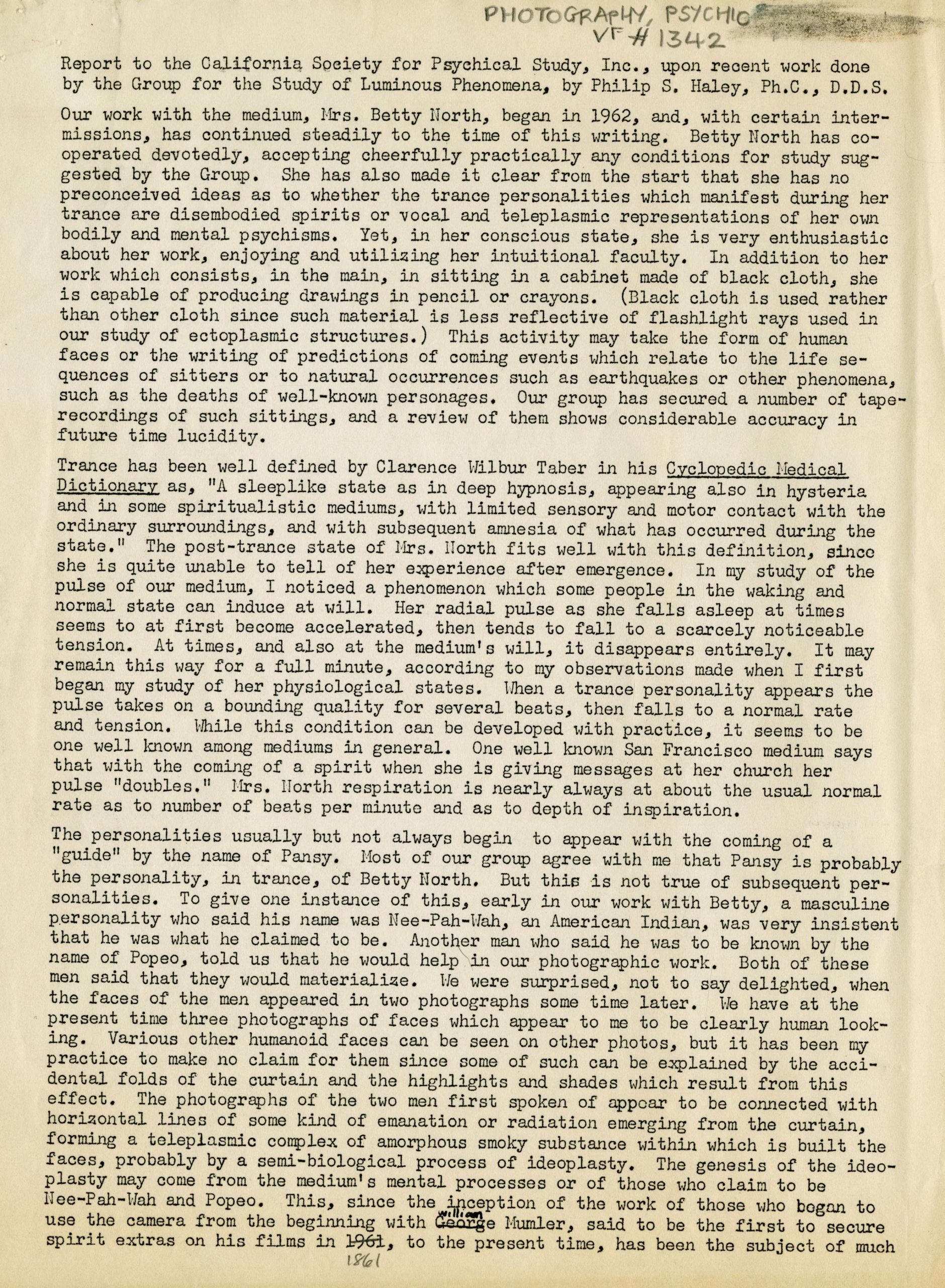 Report to the California Society for Psychical Study, Inc., upon recent work done by the Group for the Study of Luminous Phenomena, by Philip S. Haley, Ph. C., D.D.S. 