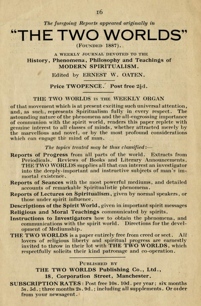 1931 advertisement for "The Two Worlds", a weekly journal devoted to the history, phenomena, philosophy and teachings of modern spiritualism