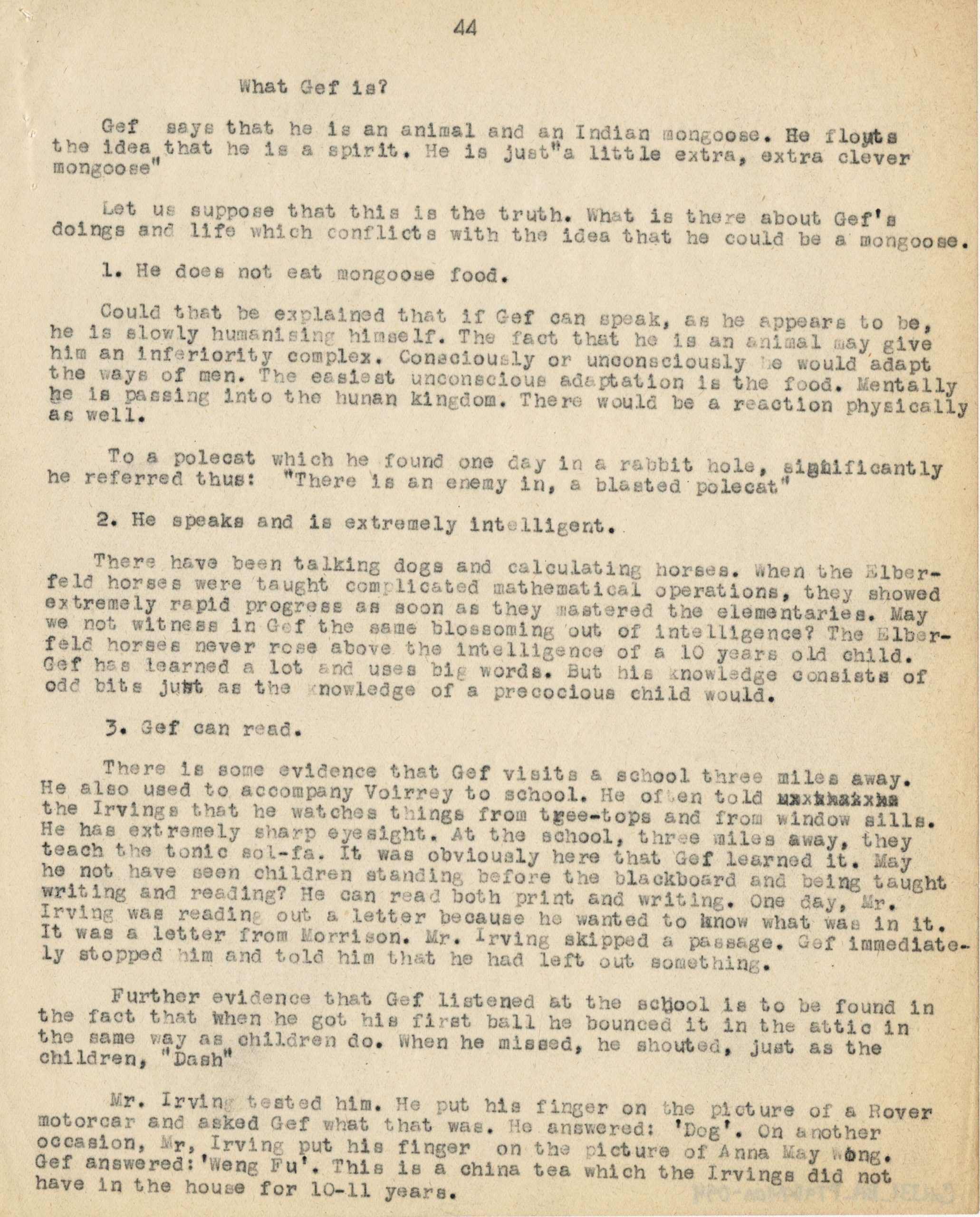 What Jef is? Jef says that he is an animal and an Indian mongoose. He flouts the idea that he is a spirit. He is just "a little extra, extra clever mongoose." Let us suppose that this is the truth. What is there about Jef's doings and life which conflicts with the idea that he could be a mongoose. 1. He does not eat mongoose food. Could that be explained that if Jef can speak, as he appears to be, he is slowly humanizing himself. The fact that he is an animal may give him an inferiority complex. Consciously unconsciously he would adapt the ways of men. The easiest unconscious adaptation is the food. Mentally he is passing into the human kingdom. There would be a reaction physically as well. To a polecat which he found one day in a rabbit hole, significantly he referred thus: "There is an enemy in, a blasted polecat" 2. He speaks and is extremely intelligent. There have been talking dogs and calculating horses. When the Elberfeld horses were taught complicated mathematical operations, they showed extremely rapid progress as soon as they mastered the elementaries. May we not witness in Jef the same blossoming out of intelligence? The Elberfeld horses never rose above the intelligence of a 10 years old child. Jef has learned a lot and uses big words. But his knowledge consists of odd bits just as the knowledge of a precocious child would. 3. Jef can read. There is some evidence that Jef visits a school three miles away. He also used to accompany Voirrey to school. He often told the Irvings that he watches things from tree-tops and from window sills. He has extremely sharp eyesight. At the school, three miles away, they teach the tonic sol-fa. It was obviously here that Jef learned it. May he not have seen children standing before the blackboard and being taught writing and reading? He can read both print and writing. One day, Mr. Irving was reading out a letter because he wanted to know what was in it. It was a letter from Morrison. Mr. Irving skipped a passage. Jef immediately stopped him and told him that he had left out something. Further evidence that Jef listened at the school is to be found in the fact that when he got his first ball he bounced it in the attic in the same way as children do. When he missed, he shouted, just as the children, "Dash!" Mr. Irving tested him. He put his finger on the picture of a Rover motorcar and asked Jef what that was. He answered: 'Dog'. On another occasion, Mr. Irving put his finger on the picture of Anna May Wong. Jef answered: 'Weng Fu'. This is a China tea which the Irvings did not have in the house for 10-11 years.