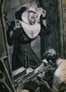 An illustration of a young nun being sealed behind a wall of bricks by a man in a white collared shirt. The nun is chained to the wall and cries out to the man with tears running down her face.