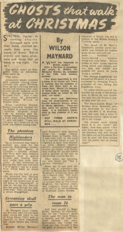 A newspaper clipping of an article titled "Ghosts that walk at Christmas", by Wilson Maynard. The author interprets a ghost as being jealous of a family's holiday celebrations.