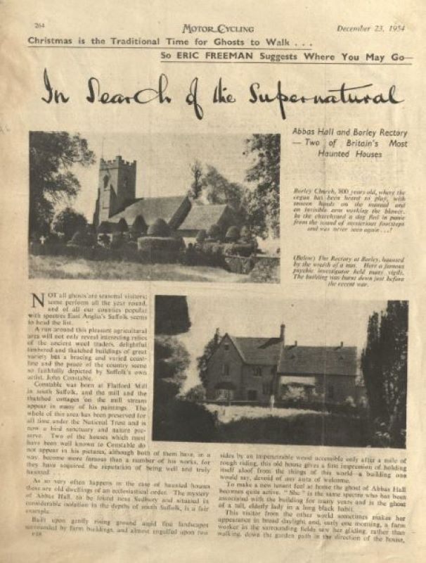 Article titled "Christmas is the Traditional Time for Ghosts to Walk...So Eric Freeman Suggests Where You May Go- In Search of the Supernatural" December 23, 1954, Motor Cycling magazine