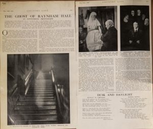 1936 article, "The Ghost of Raynham Hall", contains three photographs, one shows a ghostly figure on a staircase, another shows the spirit Kate King at a seance, and one is a portrait of Houdini with multiple spirit faces behind him