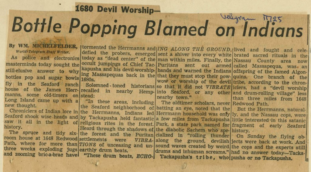 "1680 Devil Worship - Bottle Popping Blamed on Indians" by W. M. Michelfelder, World Telegram Staff Writer 