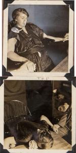 Two photographs taken in close succession are stacked vertically. The upper photograph shows a white woman sitting at a table with closed eyes. Each of her hands is held by a person who is mostly out of frame. On the woman's shoulder is a lightly-colored mass with a tube connected to her nose. In the lower image, the woman is laying face-down on the table. Her hands are still being held. The strange mass is now sitting on the table next to the woman's right ear.