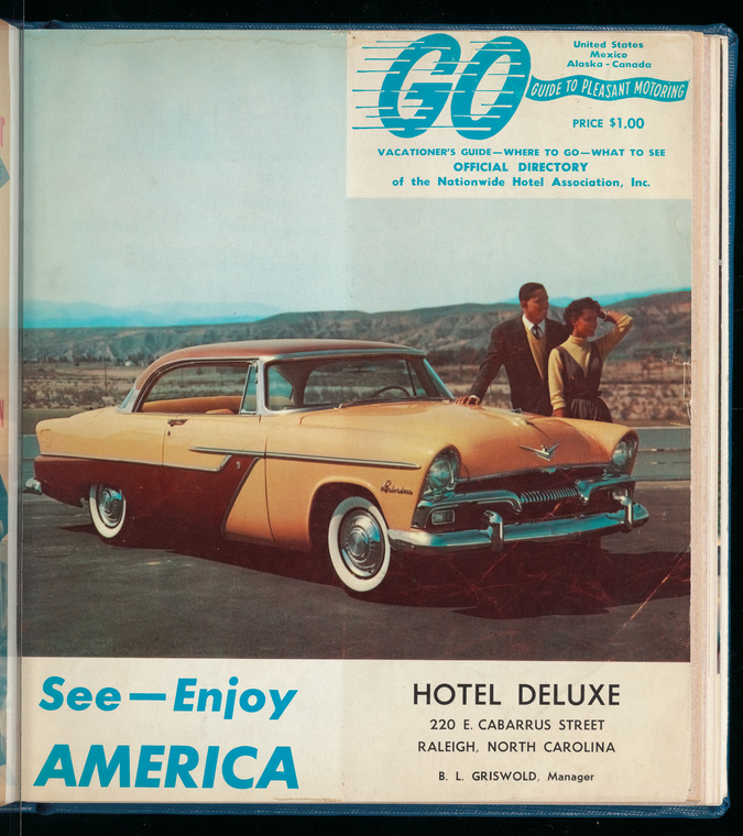 1955 Cover of the Go Guide featuring a brown sedan car and two people standing next to it, looking off into the distance.