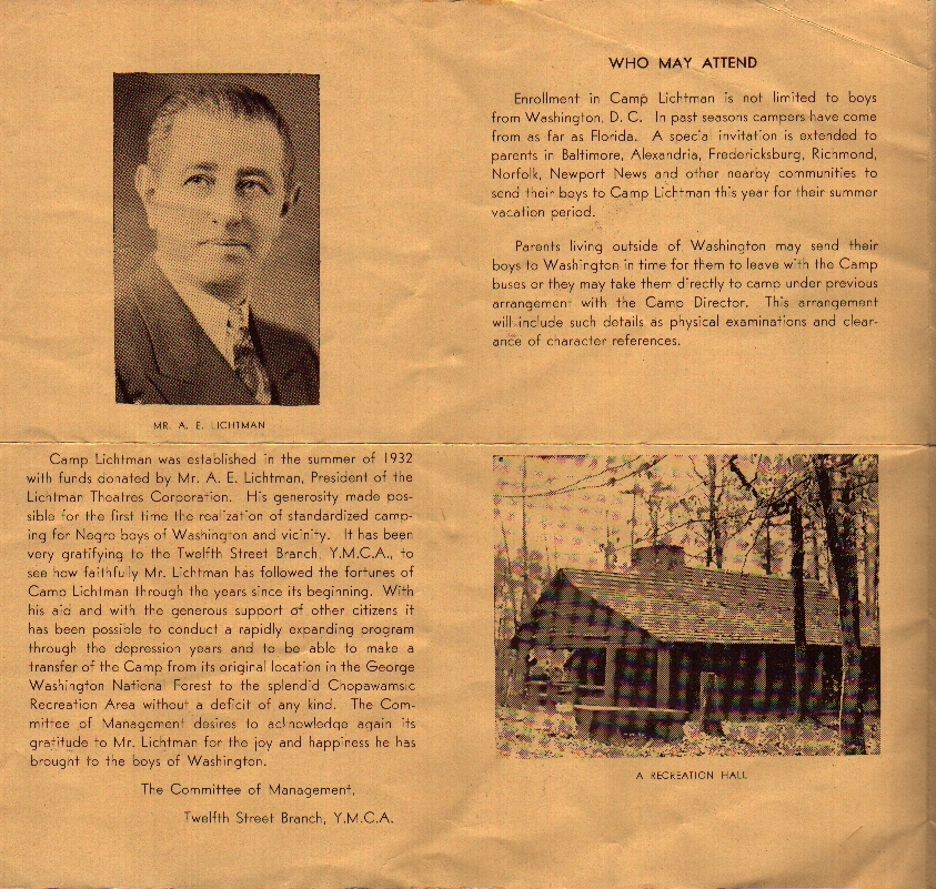 A promotional pamphlet for Camp Lictman. There is a photo of Mr. A. T. Lictman in the upper left and a photo of the recreation hall in the lower right.