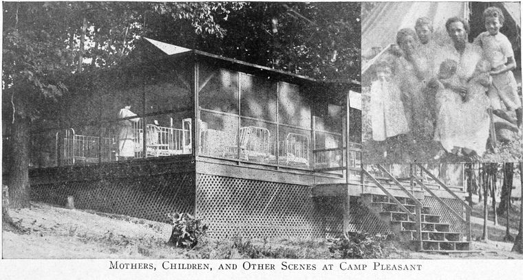 A black and white photo of a cabin at Camp Pleasant. In the upper right corner, there is a second image of a group of a woman with two babies on her lap, and four children standing around her. A line of text at the bottom of the image reads "Mothers, Children, and Other Scenes at Camp Pleasant."