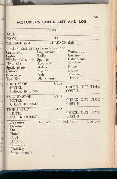 A page from the 1952 edition of the Go Guide with the Motorist's Check List and Log.