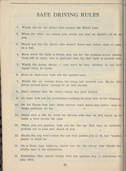 A list of fifteen safe driving rules from the 1949 edition of the Green Book