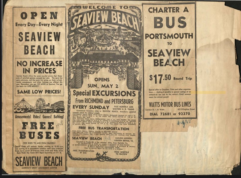 Three newspaper clippings of advertisements for seaview beach