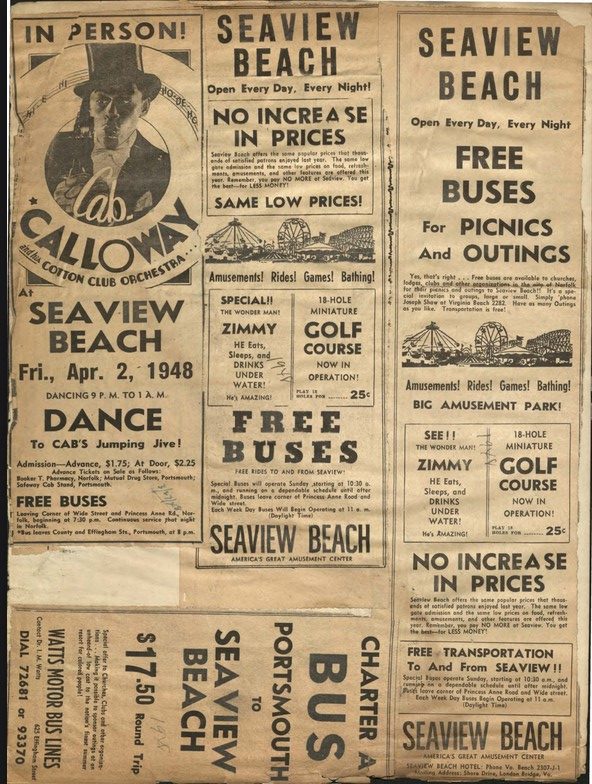 four newspaper clippings of ads for seaview beach