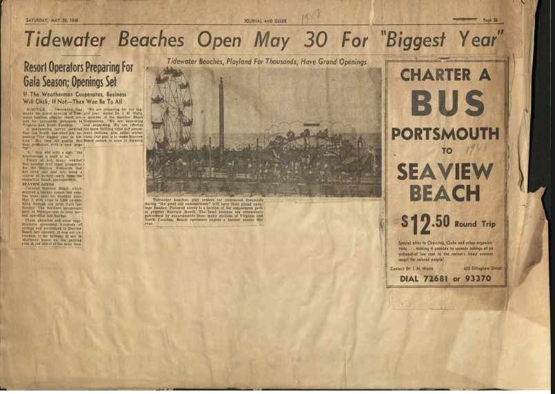 newspaper clippings about Virginia's tidewater beaches, including an image of rides