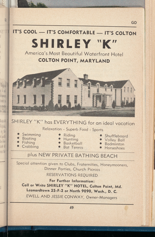 An advertisement for the Shirley K hotel in Maryland in the 1952 edition of the Go Guide.