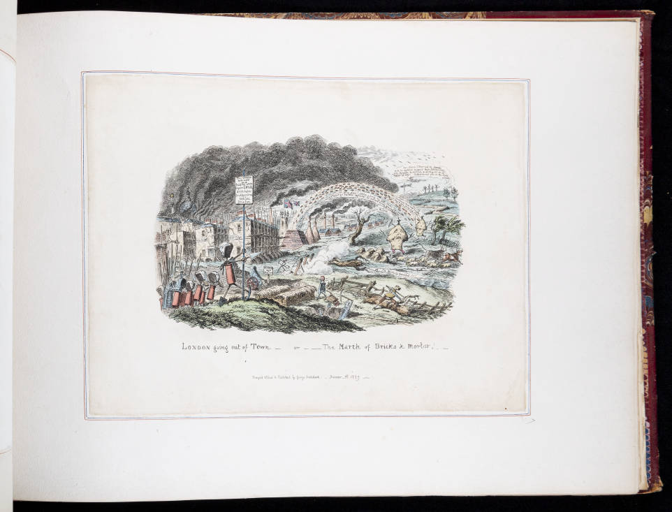 Scrapbook containing 27 plates of illustrations, two photographs -- one of George Cruikshank and one of James Gibbs -- tipped in, and a handwritten letter from George Cruikshank to James Gibbs. Some pages have multiple illustrations and all illustrations but one are in color.