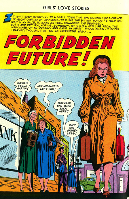 Title page for "Forbidden Future" The cover features a woman in a long coat carrying suitcases walking down the street as elderly onlookers gossip about her. The synopsis reads as follows: "It isn't easy to return to a small town that was waiting for a chance to gloat over my unhappiness, to fling the bitter words 'I told you so!' in my face, to make me feel unwanted and despised. But I did return, hoping, somehow, to build a new life from the wreckage of my dreams and make my heart whole again. I soon learned, though, that for me happiness was a...Forbidden Future!" 
