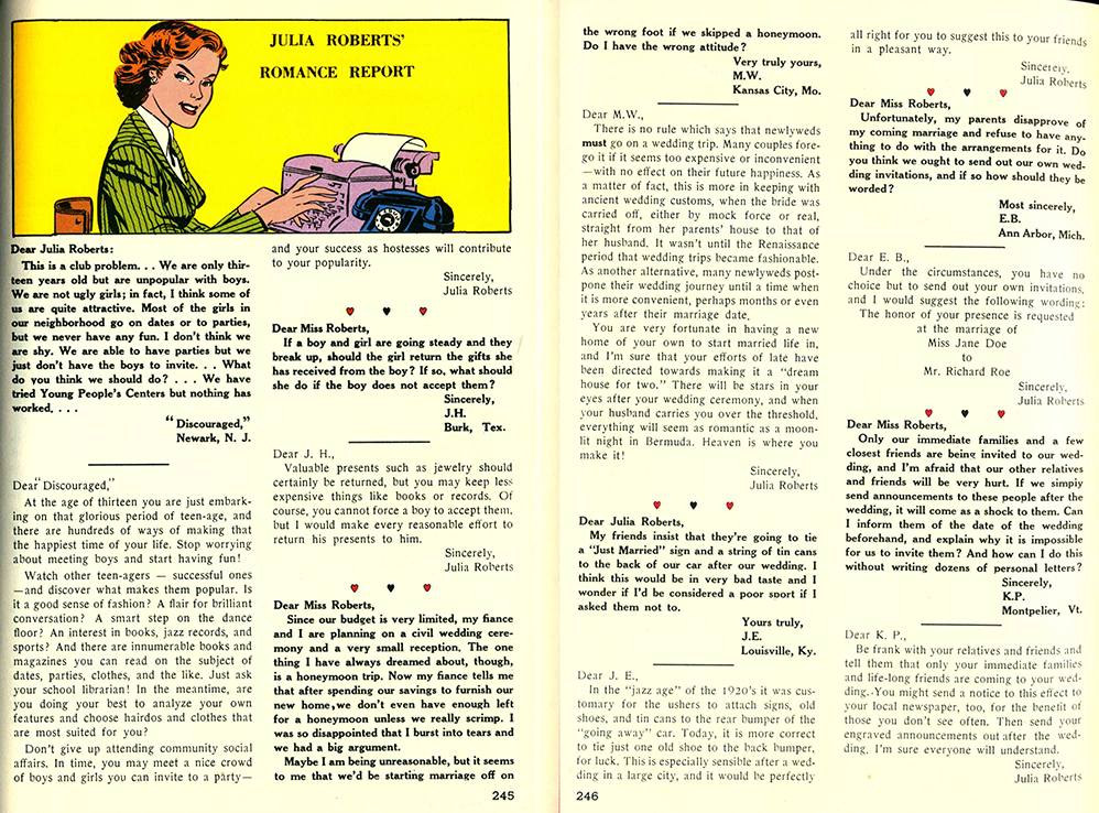 Scans of the Julia Roberts' Romance Report advice column. The comic features a woman sitting as she writes on a typewriter with a rotary phone next to it.