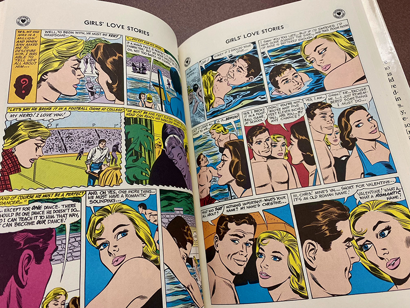 Excerpt from "One Man in a Million" The first page features the protagonist listing the qualities of her ideal type, and the second page features her bumping into a man in the pool who fits the description.