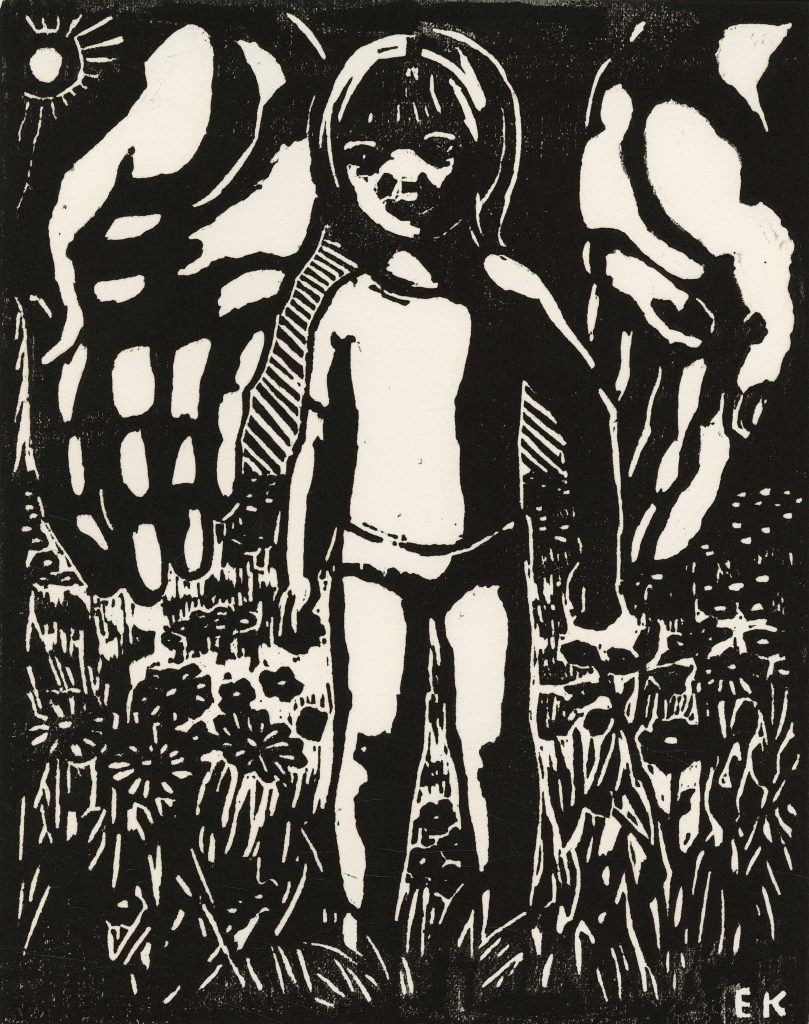 Koessler, Edith. Let Them Grow in Peace, ca. 1982. Woodcut print.