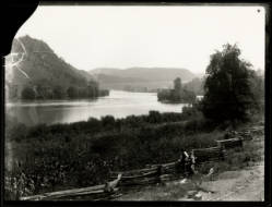 Black and white photograph of a river