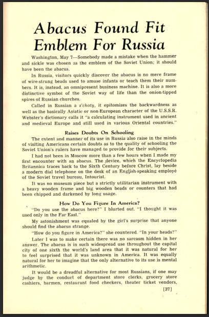 Pamphlet article titled Abacus Found Fit Emblem for Russia