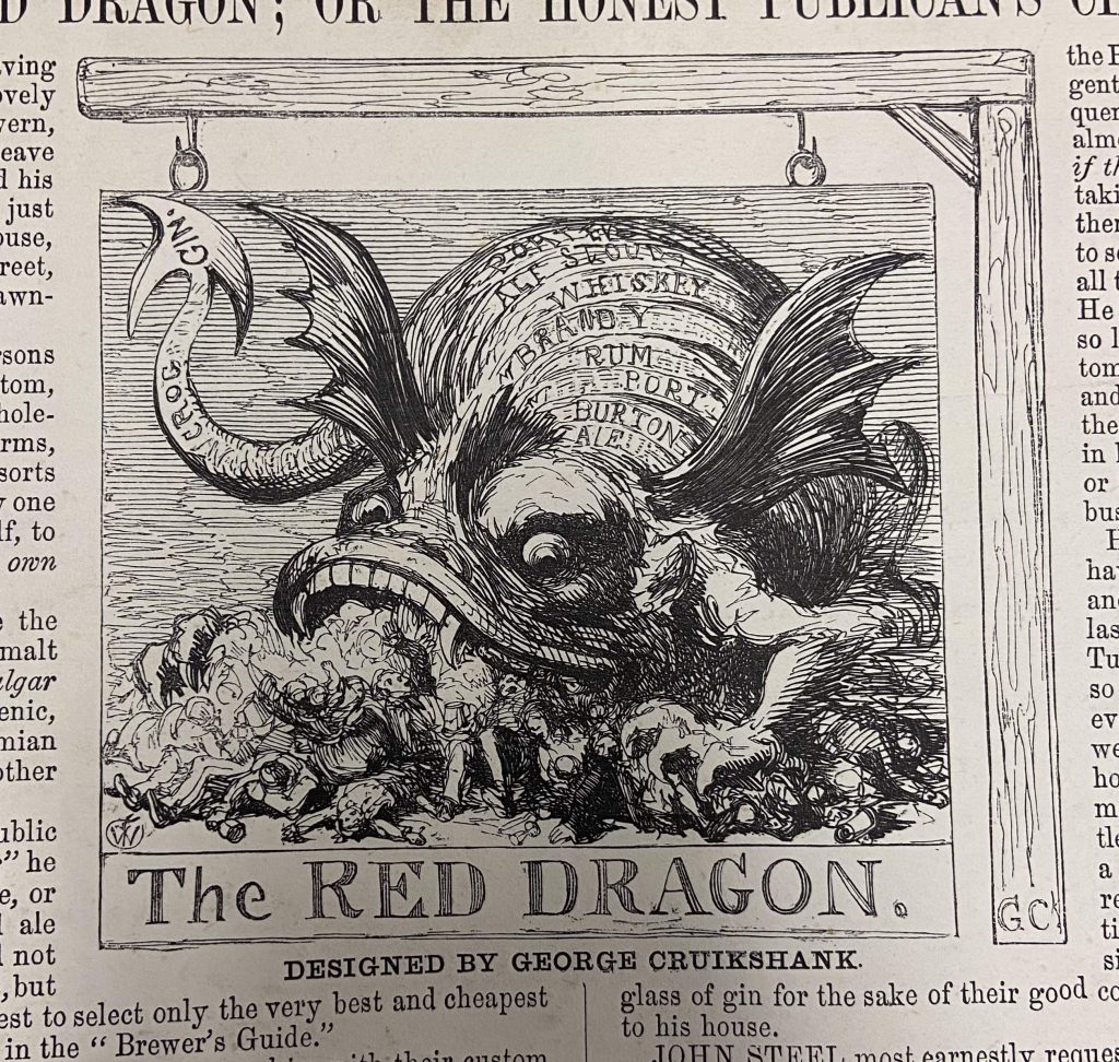 A dragon with the names of alcohol written on its back eats people who are drinking
