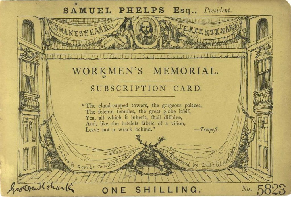 A small card shows a man with horns on crawling out from under a curtain draped over a stage. A portrait of William Shakespeare appears at the top of the curtain with the words "Shakespeare Tercentenary" on the curtain folds.