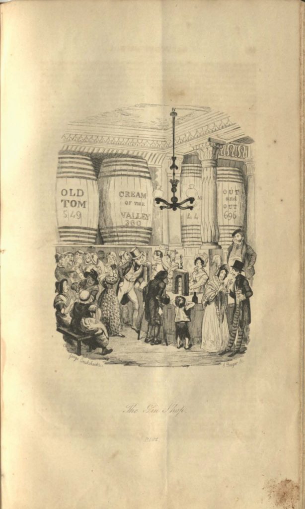 Men, women, and children gather at a bar, drinking and socializing. Behind them are large wooden barrels.