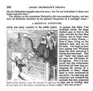 A group of dark-skinned men sit on an elephant that is lurching towards a gate.