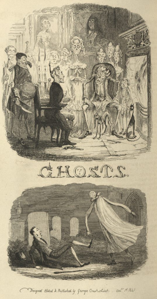 Two pictures. In the first one, a ghost sits in a chair surrounded by other skeletons across from a man whose hair is standing up. In the second image, a large white ghost floats over a man who is falling over