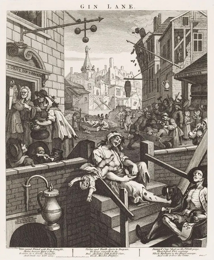 A half-naked woman in the foreground is dangling a baby over a railing while a very skeletal man sits nearby on the steps. Other people lounge in the background and one person is being loaded into a coffin.