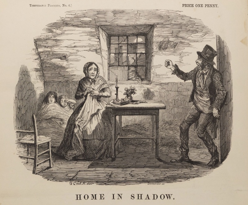 A drunk man comes home at midnight with a raised fist as his children lay in bed and his worried wife sews at the table