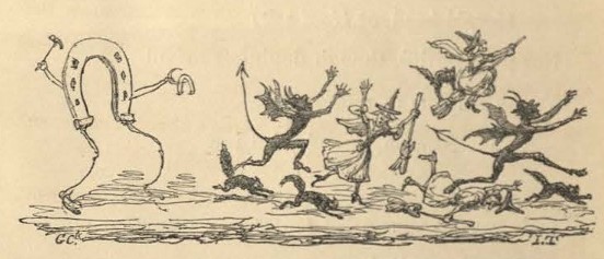 An animated horse shoe wards away a cluster of devils and witches.