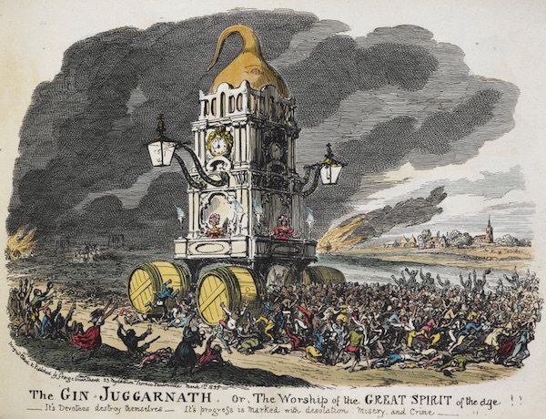 A tower with gin barrels for wheels crushes the crowd of people that pull it along as bystanders cheer from the sidelines