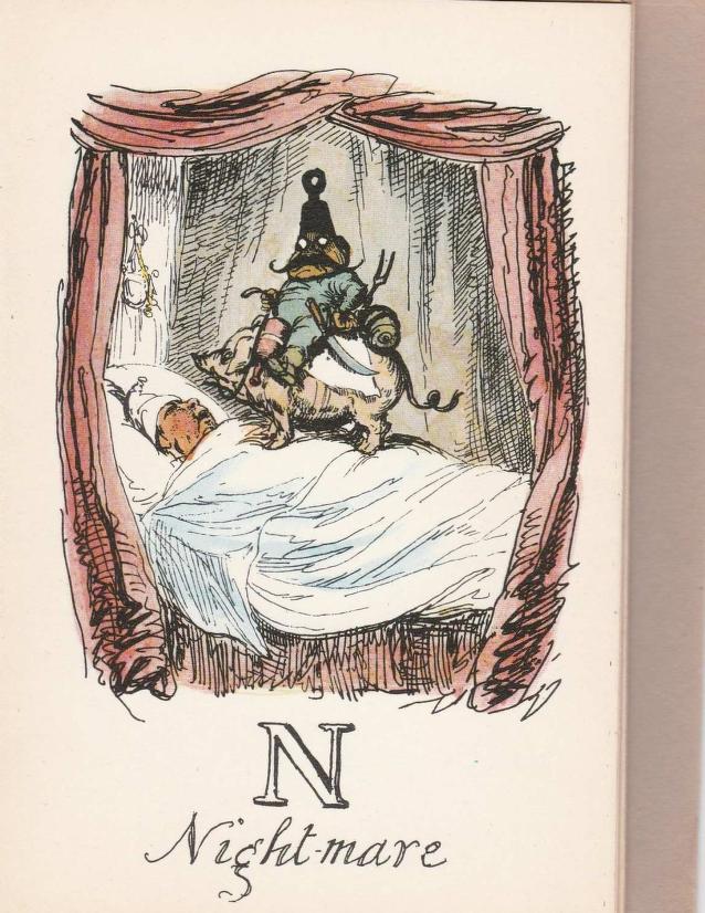 A man sleeps in bed and a dark-skinned man with a long mustache rides on a pig on top of the sleeping figure