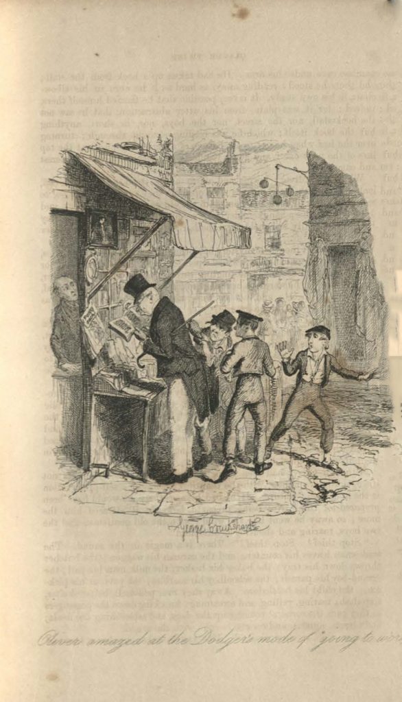 At a market stand, a boy pick-pockets a well-dressed man, Oliver watches in disbelief.