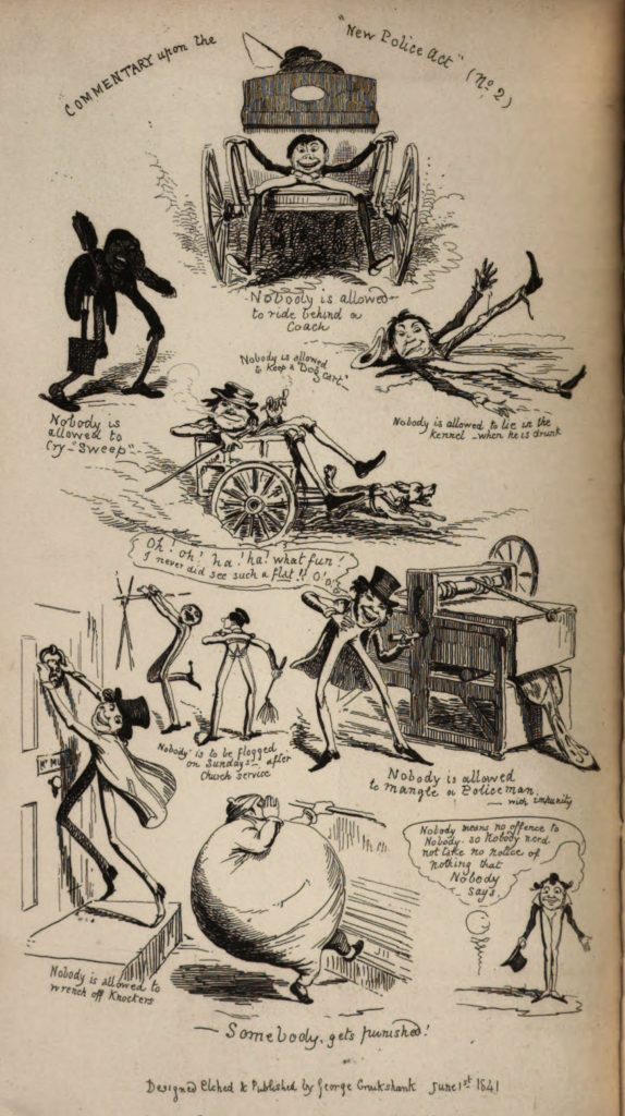 A series of sketches featuring a man with very long legs riding on a cart, laying on the ground, steeling a door knocker and other mischief.