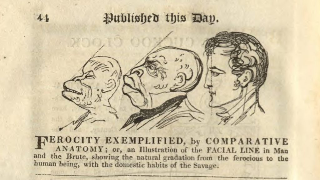 Three figures are depicted, one is an ape, one is an exaggerated looking Black man and one is a white man with very small features.