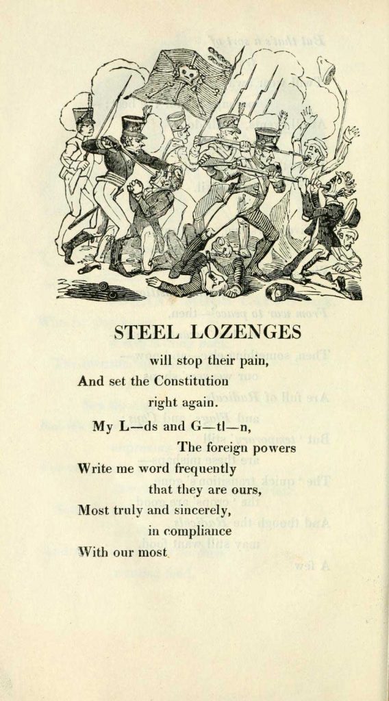 Angry soldiers shove their bayonets into the throats of the gathered public.