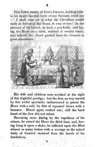 A man stabs a knife into a table while two figures look on