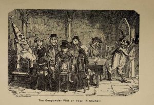 A man sneaks away from a group of dolls wearing Guy Fawkes masks.